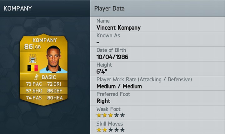 Vincent Kompany FIFA 14 Rating