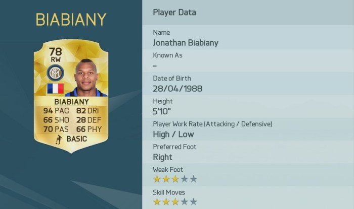 JONATHAN BIABIANY FIFA 16 Pace